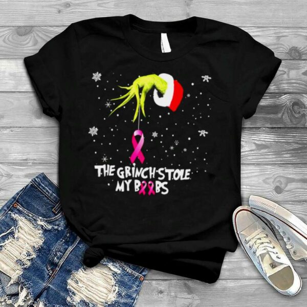 The Grinch Hand holding Breast Cancer the Grinch stole my boobs Merry Christmas shirt