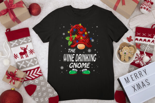 Wine Drinking Gnome Buffalo Plaid Matching Family Christmas T Shirt