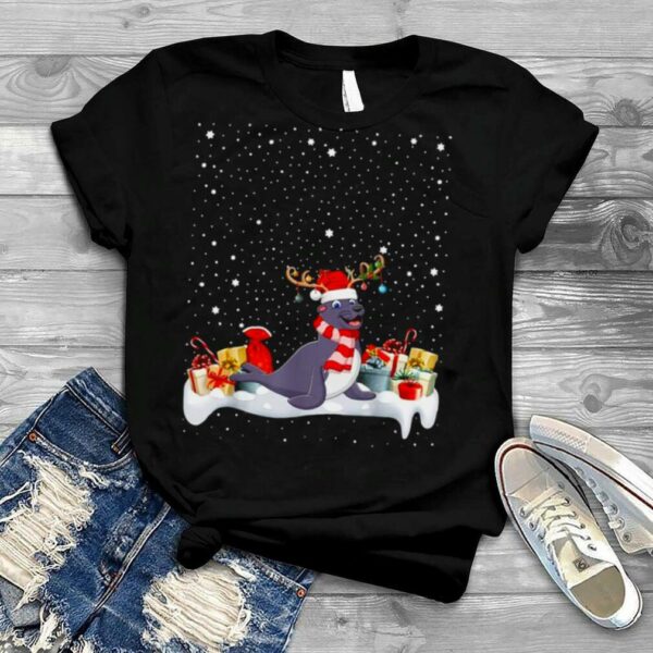 Xmas Lighting Reindeer Santa Hat Seal Christmas T shirt