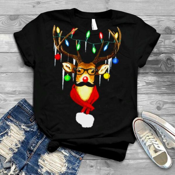 XtraFly Apparel Reindeer Wearing Moustache Lights Ugly Christmas 2022 shirt