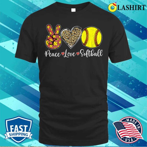 Peace Love Softball Leopard Softball Player Girl Mothers Day T-shirt
