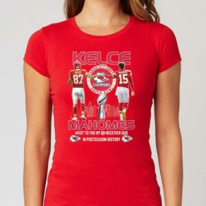 Kansas City Chiefs Super Bowl Champions Kelce Mahomes Most Td 16 By Qb-receiver Duo In Postseason History T-shirt Kansas City Chiefs Super Bowl Champions Kelce Mahomes Most Td 16 By Qb-receiver Duo In Postseason History T-shirt
