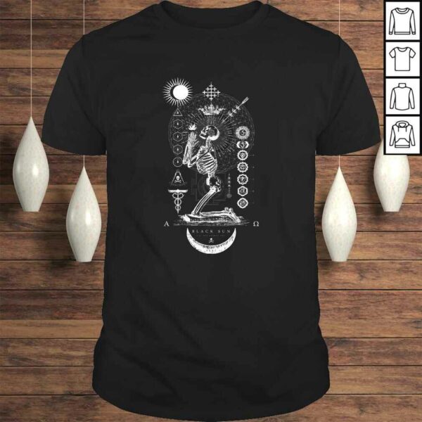 BLACK SUN Praying Skeleton  Occult Sacred Geometry TShirt