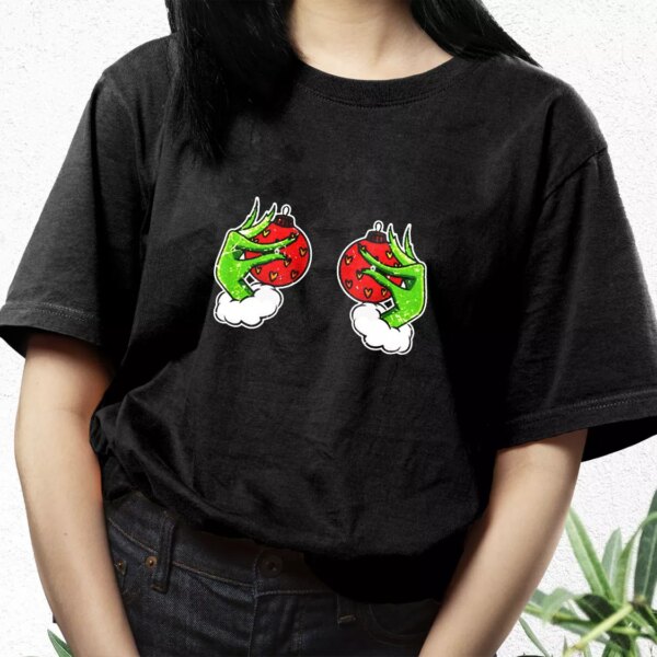 Funny Grinch’S Hand Is On The Breast T Shirt Xmas Design