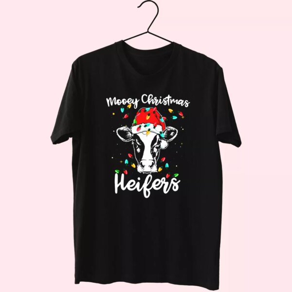 Mooey Christmas Heifers Santa Xmas Lights Cow T Shirt Xmas Design