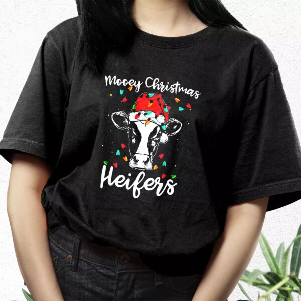 Mooey Christmas Heifers Santa Xmas Lights Cow T Shirt Xmas Design