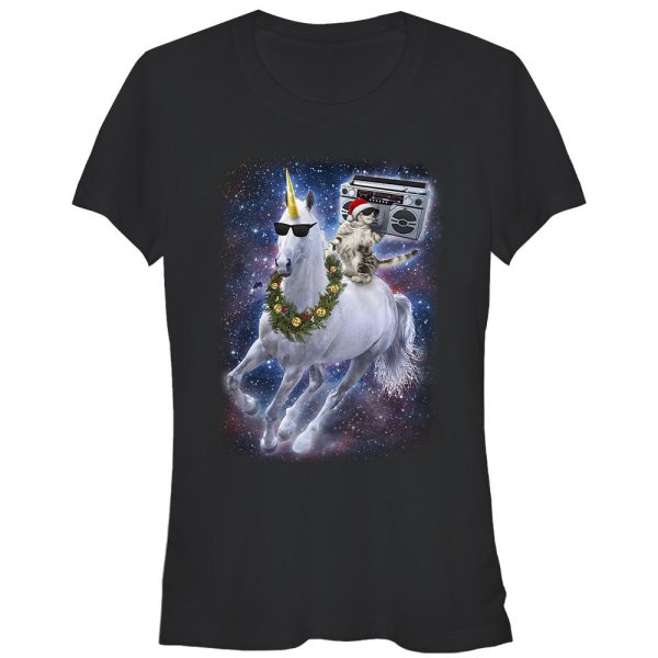 Junior_s Lost Gods Ugly Christmas Boombox Cat Unicorn T-Shirt