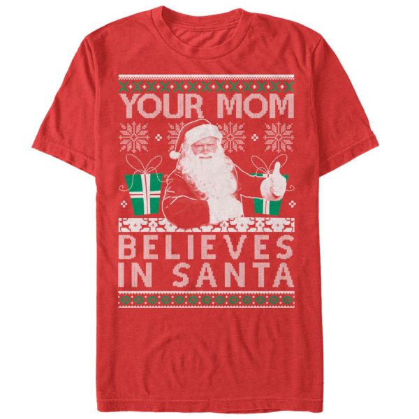 Men_s Lost Gods Christmas Your Mom Believes in Santa T-Shirt