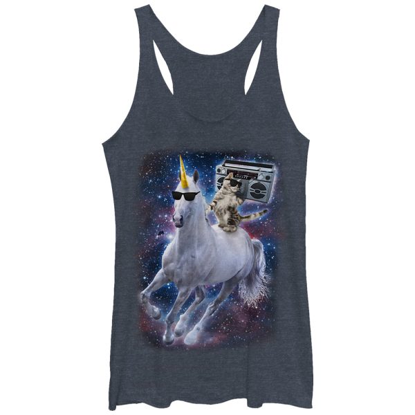 Women_s Lost Gods Boombox Cat and Unicorn Space Song Racerback Tank Top