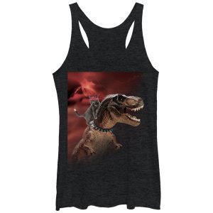 Women_s Lost Gods Cat T. Rex Volcano Racerback Tank Top