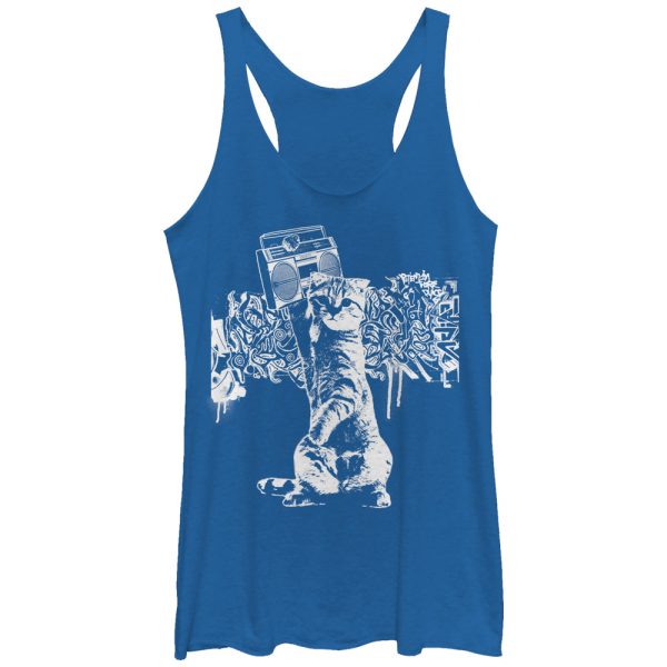 Women_s Lost Gods Graffiti Boombox Cat Racerback Tank Top