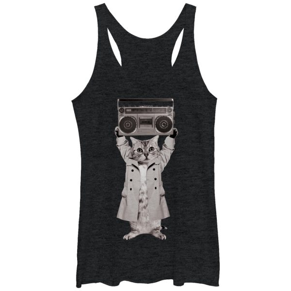 Women_s Lost Gods Trench Coat Boombox Cat Racerback Tank Top