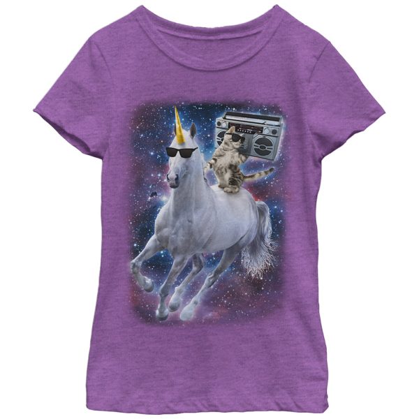 Girl’s Lost Gods Boombox Cat and Unicorn Space Song T-Shirt