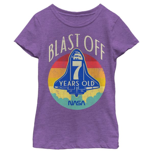 Girl’s NASA Space Shuttle Blast Off 7th Birthday Retro Portrait T-Shirt