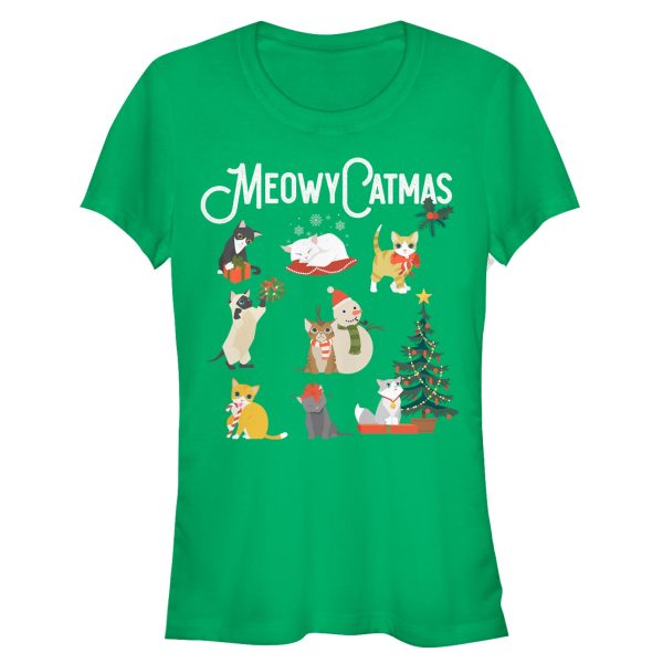 Junior’s Lost Gods Christmas Cat Collage T-Shirt