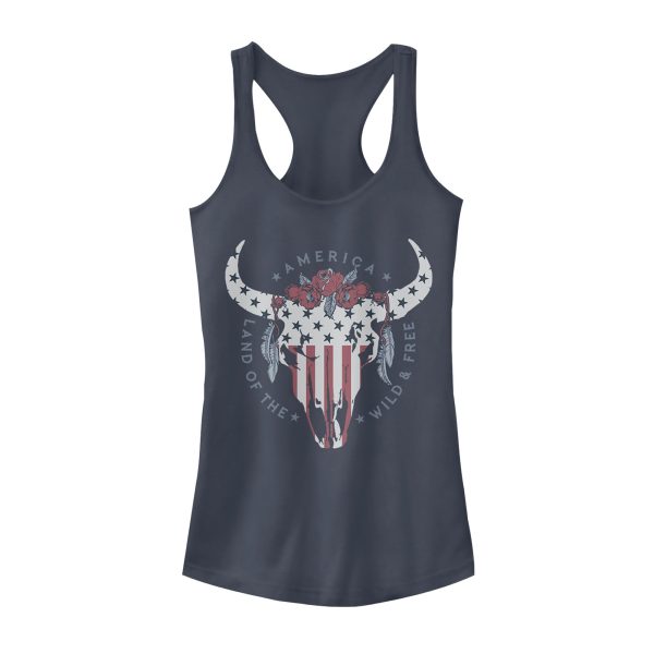 Junior’s Lost Gods Fourth of July Wild & Free Skull Racerback Tank Top