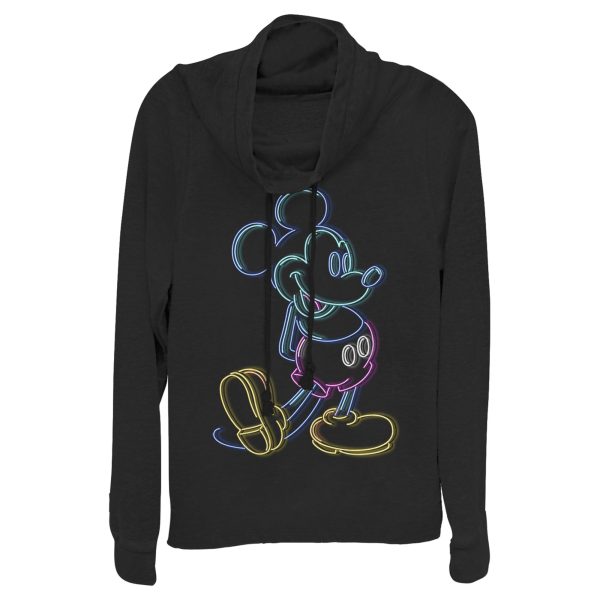 Junior’s Mickey & Friends Bright Neon Mickey Mouse Outline Cowl Neck Sweatshirt