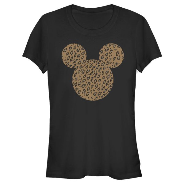 Junior’s Mickey & Friends Cheetah Print Mickey Mouse Logo Distressed T-Shirt