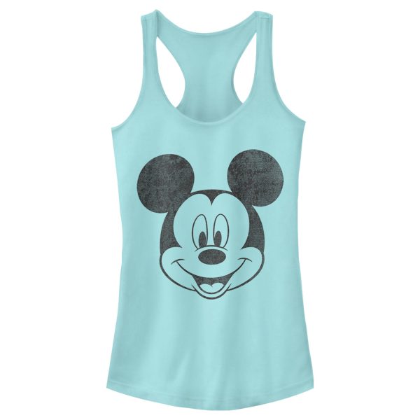 Junior’s Mickey & Friends Smiling Mickey Mouse Distressed Racerback Tank Top