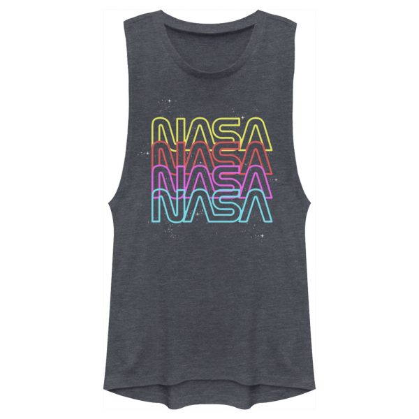 Junior’s NASA Neon Rainbow Repeat Text Logo Festival Muscle Tee