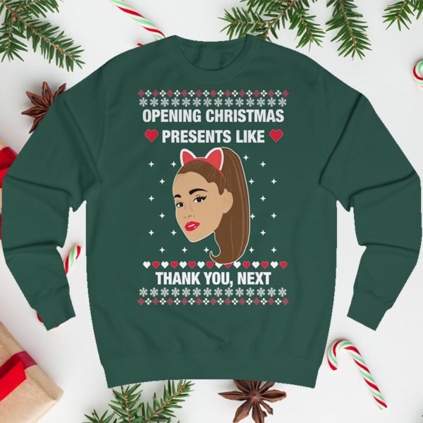 Ariana Grande Opening Christmas Presents Like Thank You Next Sweatshirt