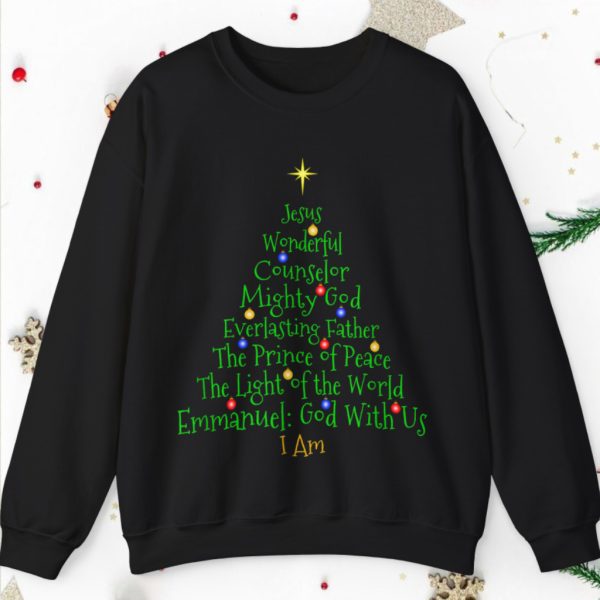 Christian Christmas Bible Names of Jesus Tree Shaped Sweatshirt