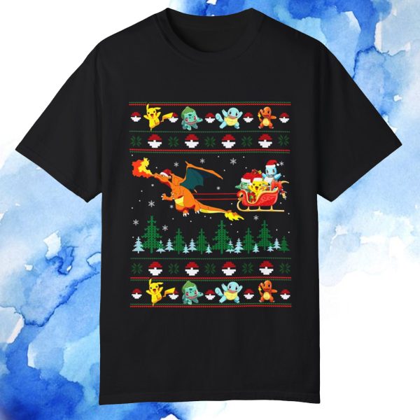 Pokemon And Dinosaur Santa Hat Christmas Shirt