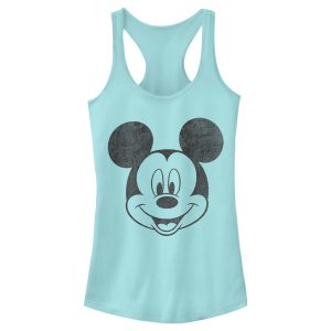 Junior’s Mickey & Friends Smiling Mickey Mouse Distressed Racerback Tank Top 7147038376076