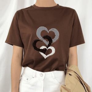 Women’s Heart Print Drop Shoulder T-shirt, Casual Round Neck Tee for Fall & Winter, Women’s Clothes for Daily Wear