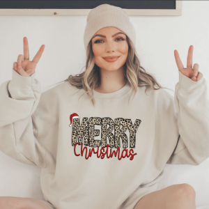 Women’s Leopard Letter & Christmas Santa Hat Print Round Neck Pullover – Casual Long Sleeve Crewneck Sweatshirt for Fall & Winter, Women’s Clothes for Daily Wear 8388222582982