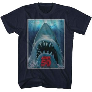 Jaws – 50th Anniversary Poster – Officially Licensed American Classics – Front Print Solid Adult Short Sleeve T-Shirt